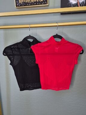 Bozzolo Black And Red Sheer Mesh Tops with Mock Neck - 2 - Nwot